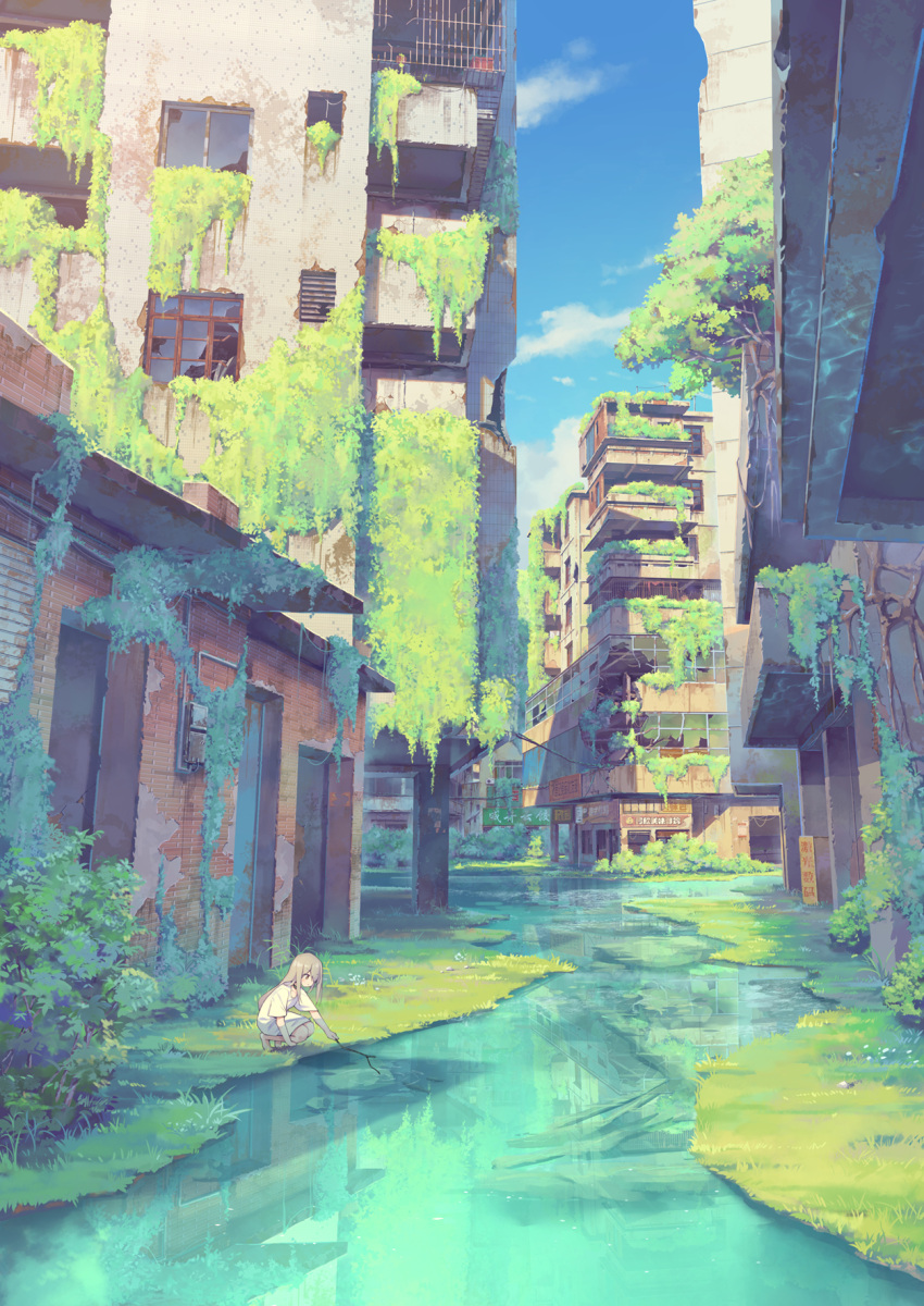 1girl balcony bangs blue_sky broken_window building bush chen_bin city clouds commentary_request day highres holding holding_stick long_hair nature original ruins scenery shirt short_sleeves sign sky solo squatting stick stream water white_shirt window