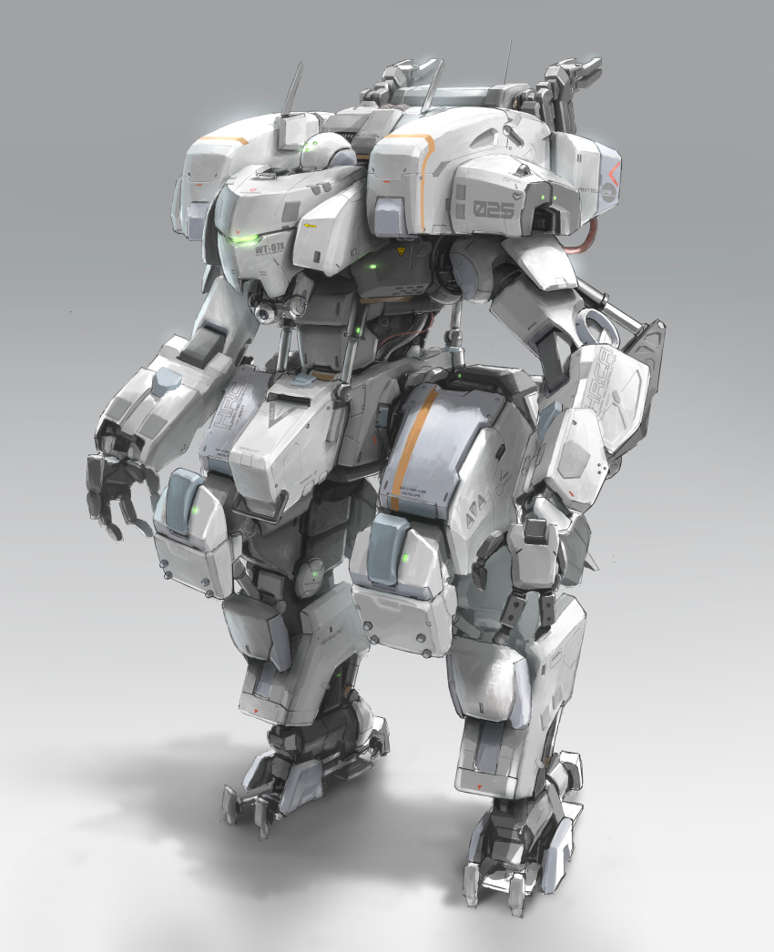 absurdres fewer_digits glowing gradient gradient_background grey_background highres looking_ahead mecha no_humans original science_fiction shadow solo standing takuan_(a_mood_home) visor
