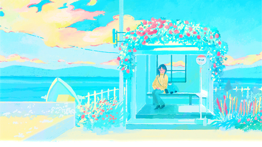 1girl bag bench bird black_footwear blue_eyes blue_pants blue_sky blue_theme clouds cloudy_sky flower long_hair long_sleeves no_nose original pants penguin pink_flower plant shoes shoulder_bag sitting sky solo sweater tabisumika wide_shot yellow_sweater