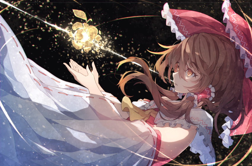 1girl apple ascot bangs bare_shoulders black_background bow brown_eyes brown_hair chiroru_(cheese-roll) eyebrows_visible_through_hair eyelashes food frilled_bow frilled_shirt_collar frills fruit hair_between_eyes hair_bow hair_tubes hakurei_reimu highres long_hair long_sleeves looking_to_the_side open_mouth red_vest ribbon-trimmed_sleeves ribbon_trim simple_background solo sparkle touhou upper_body vest wide_sleeves yellow_ascot