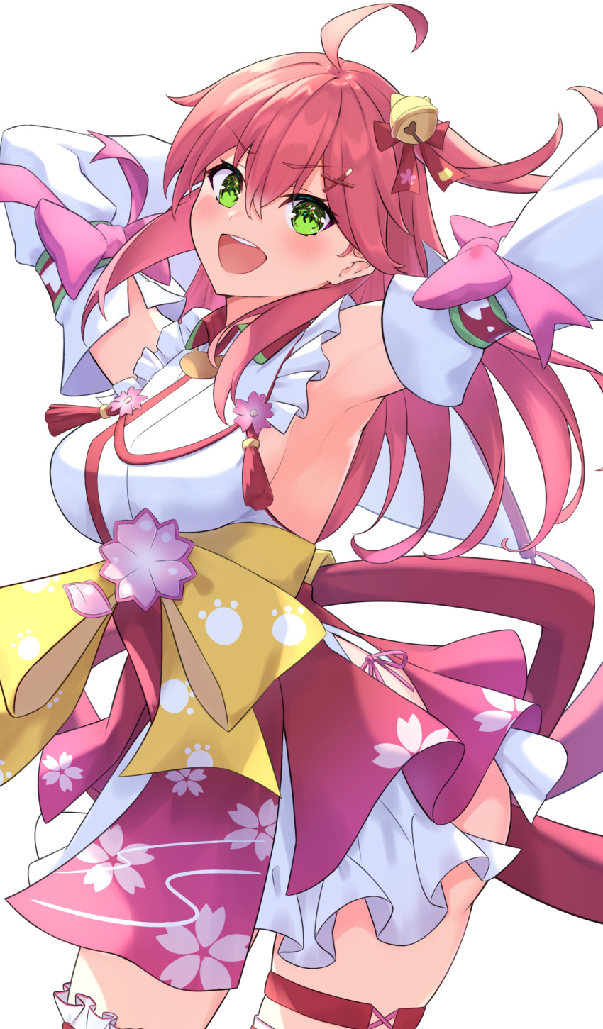 1girl :d ahoge armpits bell breasts cocoablue23 detached_sleeves eyebrows_visible_through_hair hair_bell hair_between_eyes hair_ornament highres hololive long_hair looking_at_viewer medium_breasts pink_hair sakura_miko simple_background smile solo teeth thighs upper_teeth virtual_youtuber white_background