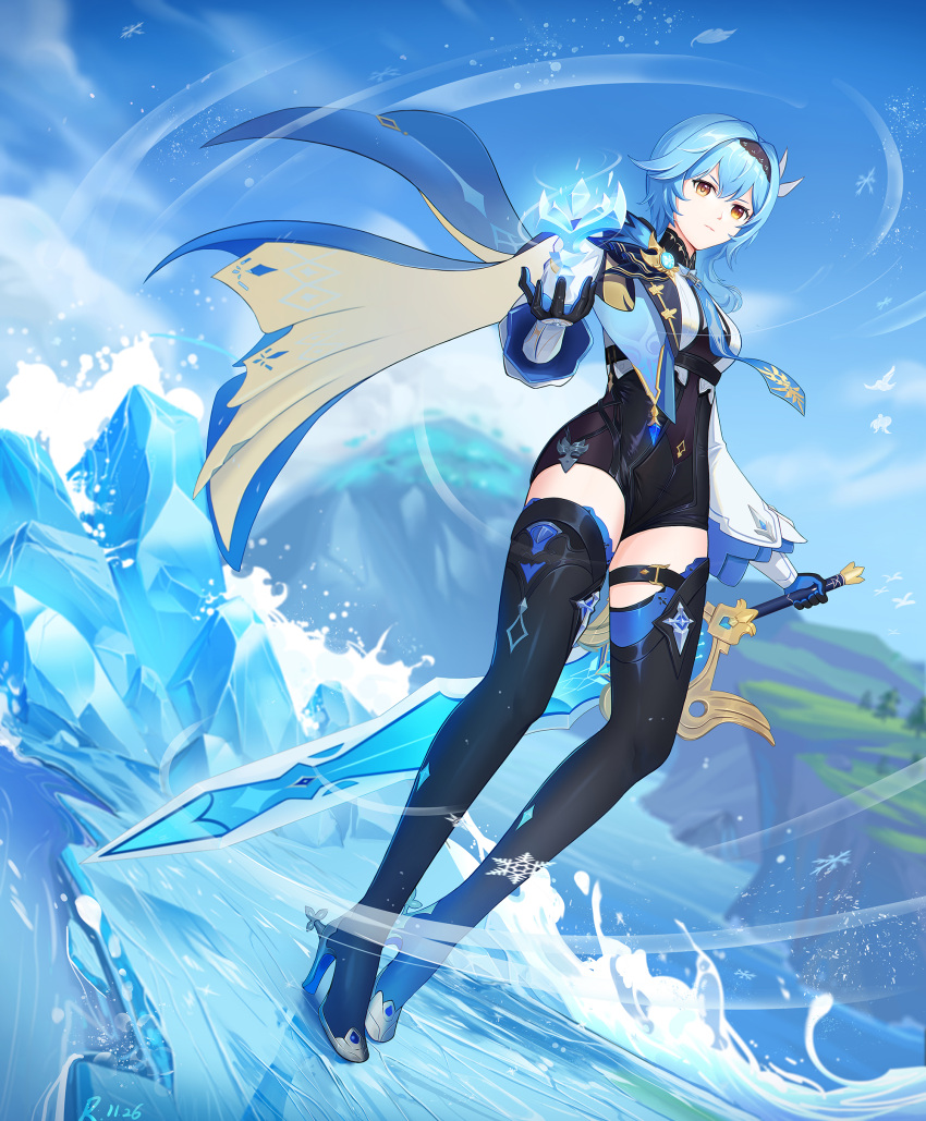 1girl absurdres bangs black_footwear black_gloves blue_cape blue_hair blue_necktie blue_sky boots cape closed_mouth eula_(genshin_impact) full_body genshin_impact gloves headband high_heels highres holding holding_sword holding_weapon ice long_sleeves looking_at_viewer necktie short_hair sky standing sword thigh-highs thigh_boots tingyu_(490101957) water weapon yellow_eyes