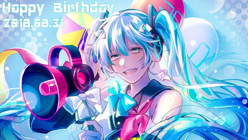 1girl 2018 :d balloon bangs bare_shoulders blue_bow blue_eyes blue_hair blue_nails bow dated floating_hair hair_between_eyes hair_bow happy_birthday hatsune_miku headphones highres holding holding_megaphone long_hair megaphone nail_polish piyo_8080 smile solo twintails upper_body very_long_hair vocaloid white_bow