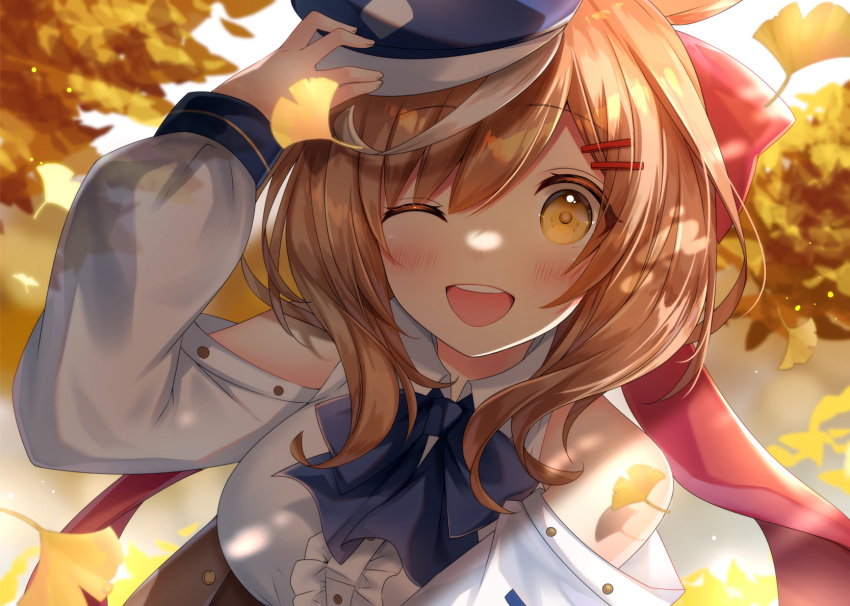 1girl bangs bare_shoulders blue_bow blue_bowtie blush bow bowtie breasts brown_hair cabbie_hat center_frills clothing_cutout collared_shirt commentary frills ginkgo hair_ornament hairclip hand_on_headwear haruhitooo hat highres leaf long_hair long_sleeves looking_at_viewer matikane_tannhauser_(umamusume) medium_breasts one_eye_closed open_mouth orange_eyes shirt shoulder_cutout solo teeth umamusume upper_body upper_teeth white_shirt