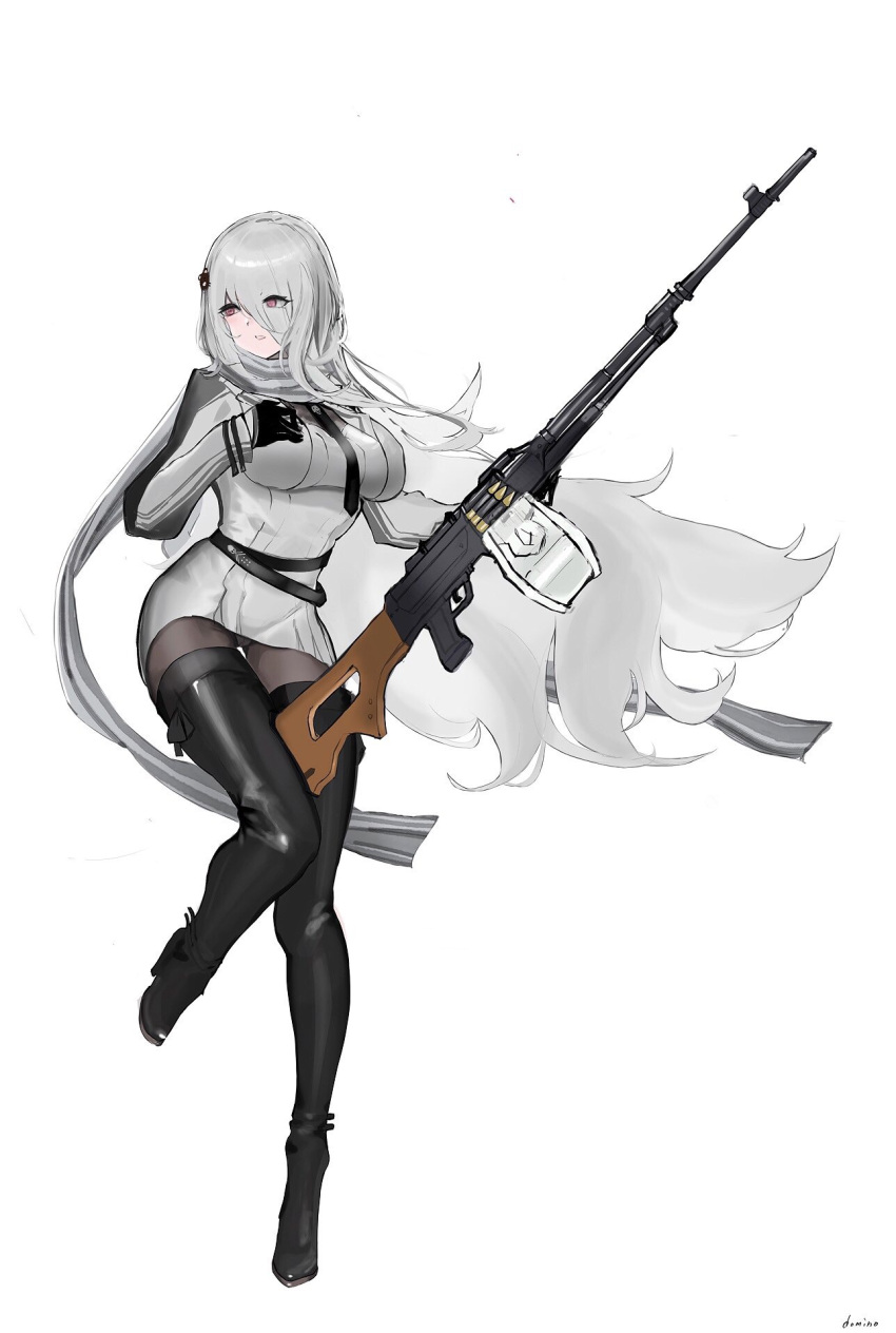 1girl black_gloves boots breasts commentary_request domino42299029 dress eyes_visible_through_hair full_body girls_frontline gloves grey_dress grey_scarf gun hair_ornament hair_over_one_eye highres holding holding_gun holding_weapon large_breasts leg_up long_hair looking_to_the_side machine_gun necktie open_mouth pantyhose pk_(girls'_frontline) pk_machine_gun scarf silver_hair simple_background solo thigh-highs thigh_boots weapon white_background