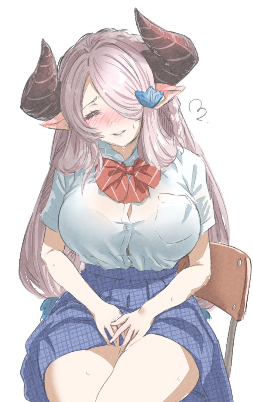 1girl alternate_costume bra braid breasts chair closed_eyes demon_horns draph granblue_fantasy hair_over_one_eye highres horns large_breasts light_purple_hair long_hair low_tied_hair mitsugu narmaya_(granblue_fantasy) pleated_skirt pointy_ears purple_hair school_uniform see-through_shirt shirt single_braid sitting skirt solo underwear white_background