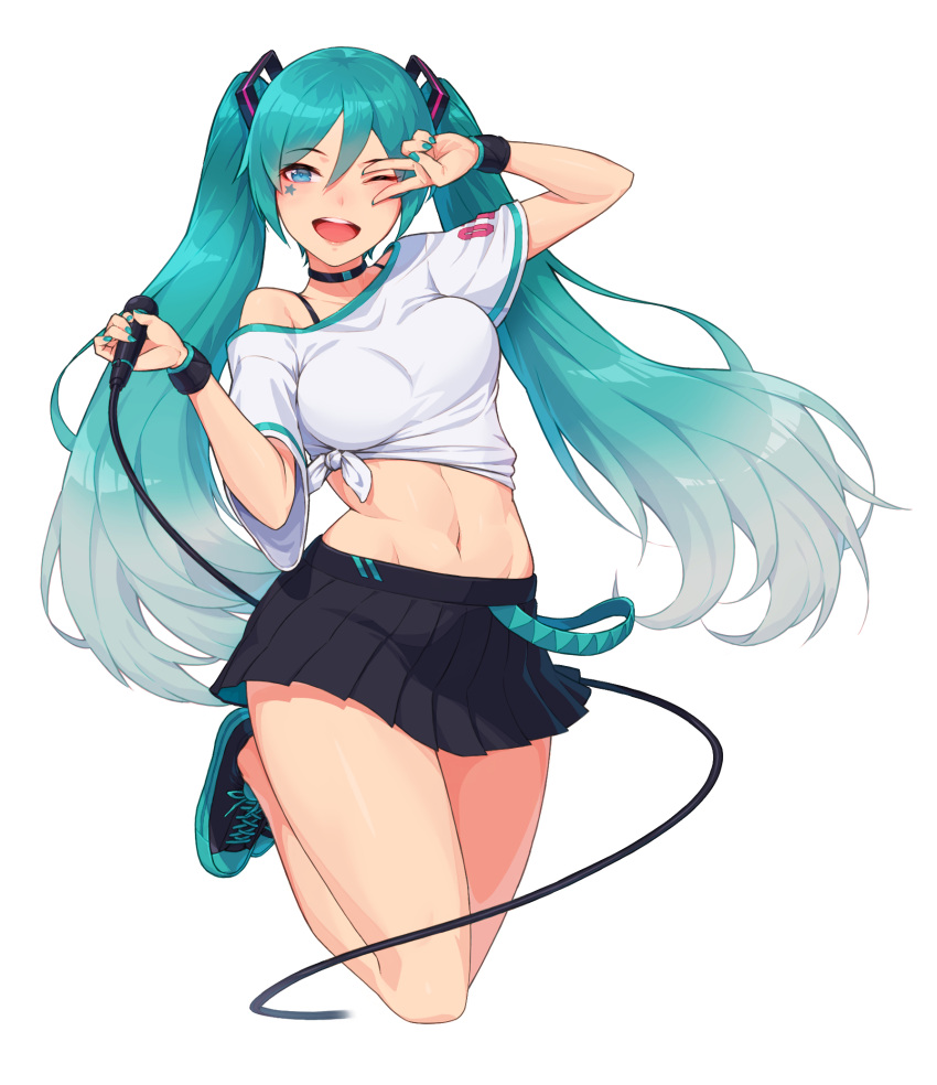 1girl ;d alternate_costume aqua_hair aqua_nails arm_up bare_legs black_choker black_footwear black_skirt blue_eyes blush bouncing_breasts breasts cable choker commentary english_commentary eyebrows_visible_through_hair facial_mark full_body hair_between_eyes hatsune_miku highres holding holding_microphone jumping long_hair looking_at_viewer medium_breasts microphone miniskirt nail_polish navel off_shoulder one_eye_closed open_mouth pleated_skirt radjeong shirt shoes short_sleeves simple_background single_bare_shoulder skirt smile sneakers solo stomach sweatband teeth tied_shirt twintails upper_teeth v_over_eye very_long_hair vocaloid white_background white_shirt