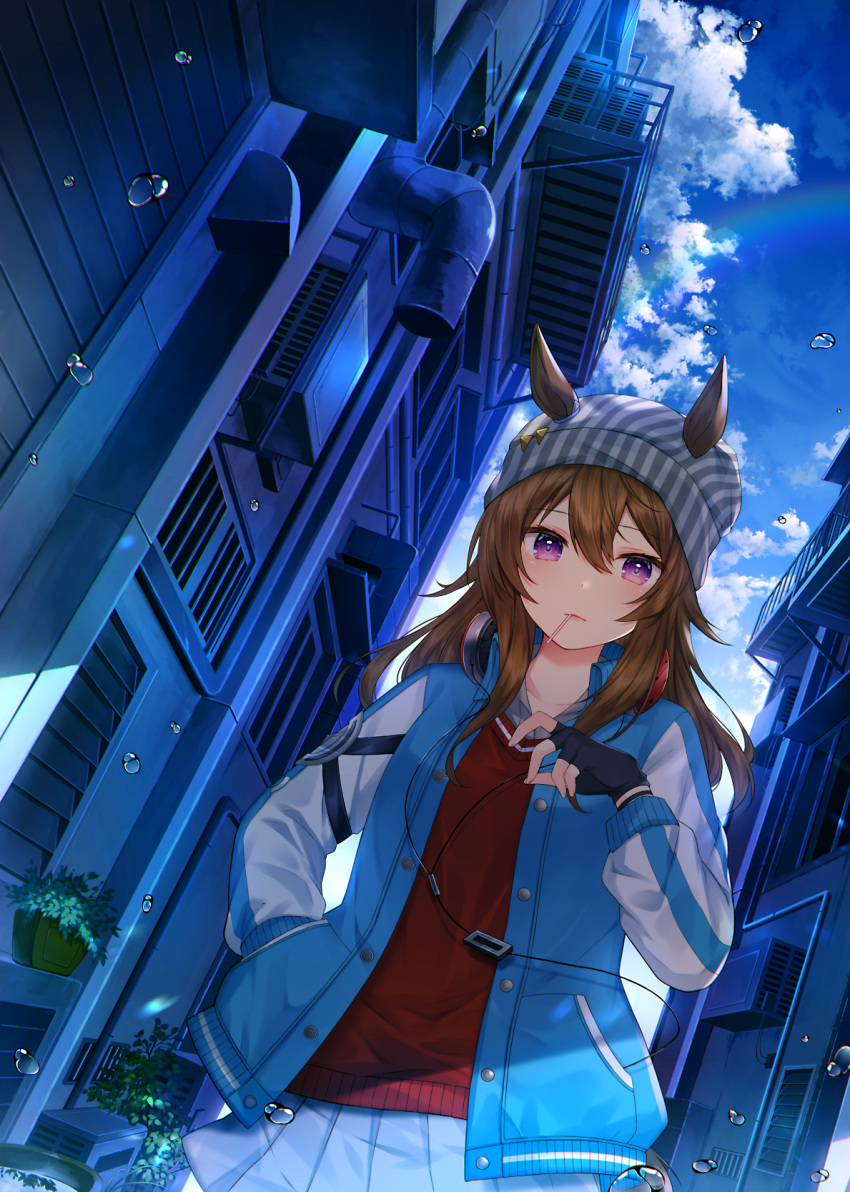 1girl animal_ears balcony bangs beanie blue_jacket brown_gloves brown_hair building candy closed_mouth clouds collared_shirt commentary_request cowboy_shot dutch_angle ears_through_headwear fingerless_gloves food frown gloves grey_shirt hand_in_hair haruhitooo hat headphones headphones_around_neck highres horse_ears house jacket lollipop long_hair looking_at_viewer mouth_hold nakayama_festa_(umamusume) outdoors pink_eyes pipes plant pleated_skirt potted_plant rainbow red_sweater shirt skirt solo sweater umamusume water_drop