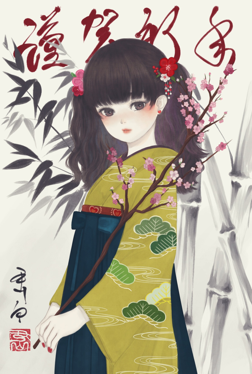 1girl bamboo bangs blue_hakama blunt_bangs branch brown_eyes brown_hair cherry_blossoms cowboy_shot earrings flower from_side hair_flower hair_ornament hakama hakama_skirt highres holding holding_branch japanese_clothes jewelry kimono long_hair looking_at_viewer looking_to_the_side medibang_paint_(medium) nail_polish nengajou new_year original pink_flower print_kimono red_flower red_nails seal_impression skirt solo standing translation_request ushiyama_ame wavy_hair white_background white_flower yellow_kimono