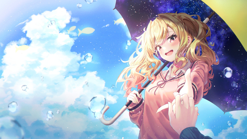 1girl 1other bangs blonde_hair blue_sky blush ciawasemono clouds commentary_request gradient_hair highres holding holding_umbrella long_sleeves looking_at_viewer multicolored_hair open_mouth outdoors outstretched_hand pink_eyes pink_hair pink_sweater project_sekai sidelocks sky smile solo star_(sky) starry_sky sweater teeth tenma_saki twintails umbrella upper_body upper_teeth water_drop