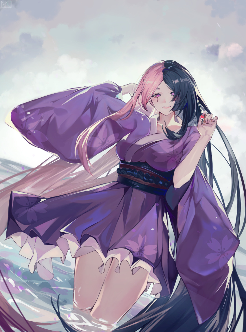 1girl absurdres arms_behind_head bangs black_hair breasts chinese_commentary closed_mouth cowboy_shot curled_fingers dress forever_7th_capital frilled_dress frills hand_up highres japanese_clothes kimono long_hair looking_at_viewer multicolored_hair nayuko_(wuyou_nayuko) parted_bangs pink_eyes pink_hair purple_dress purple_kimono scenery short_kimono simple_background smile thighs two-tone_hair very_long_hair water wide_sleeves yukata yuri_(forever_7th_capital)