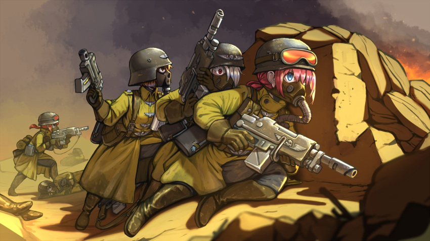 blue_eyes boots emblem erica_(naze1940) fire gas_mask gloves goggles goggles_on_headwear gun helmet highres imperial_guard lasgun mask military military_uniform multiple_girls pink_hair rock smoke trench_coat uniform warhammer_40k weapon