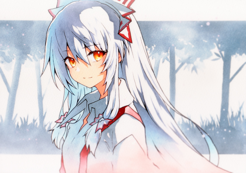 1girl bow closed_mouth collared_shirt fujiwara_no_mokou hair_between_eyes hair_bow highres light_smile long_hair looking_at_viewer qqqrinkappp red_eyes shirt sidelocks solo suspenders touhou traditional_media upper_body white_bow white_hair white_shirt