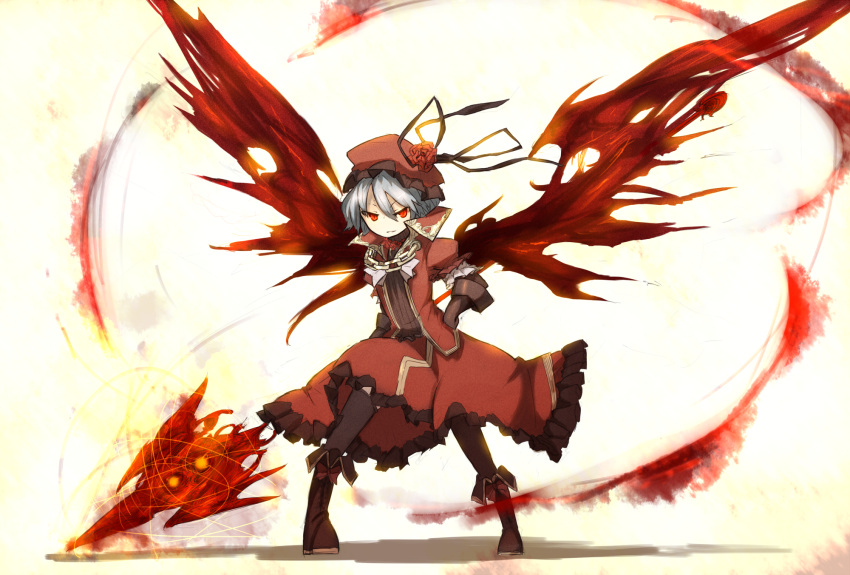boots chain chains demon_wings flower gloves hand_on_hip hat highres polearm red red_eyes red_wings remilia_scarlet rose shirogane_usagi spear spear_the_gungnir touhou weapon wings