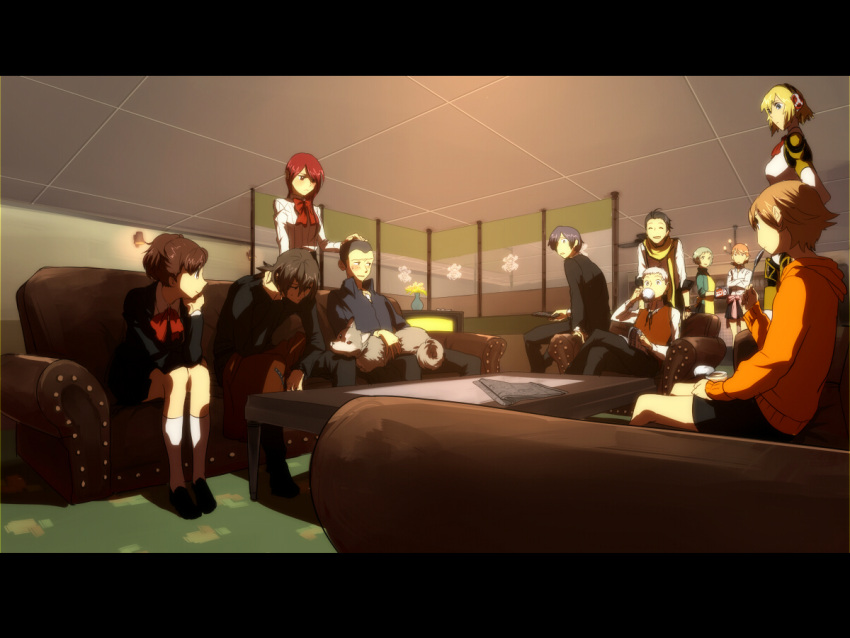 amada_ken android aragaki_shinjirou arisato_minato black_hair blonde_hair blue_hair brown_hair everyone female_protagonist_(persona_3) iori_junpei kirijou_mitsuru koredemoka koromaru kuma_(persona_4) letterboxed mochizuki_ryouji persona persona_3 persona_3_portable persona_4 red_hair redhead sanada_akihiko school_uniform short_hair takeba_yukari time_paradox yamagishi_fuuka