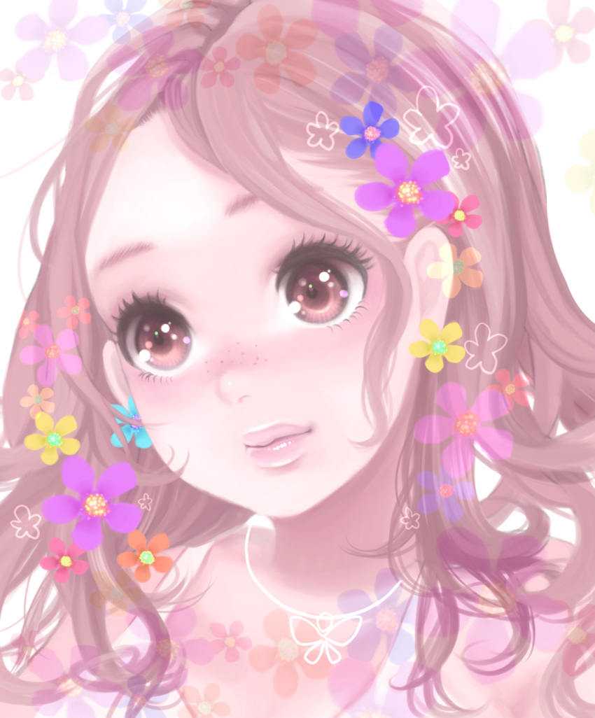 brown_eyes brown_hair face flower freckles highres long_hair minami_haruya original solo