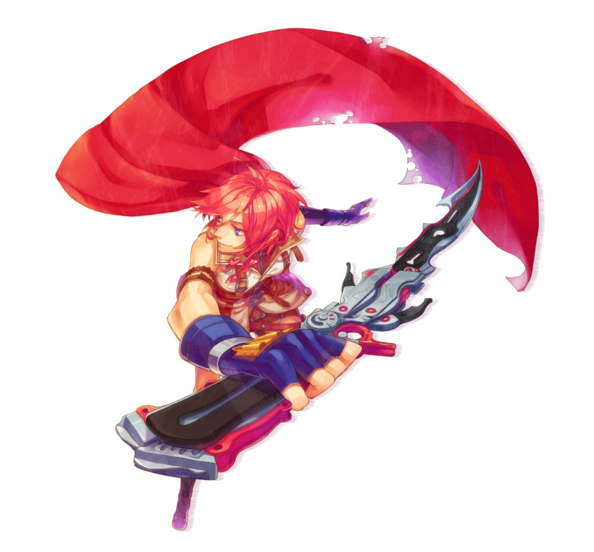 bad_id blue_eyes cape curly_hair final_fantasy final_fantasy_xiii fingerless_gloves from_above gloves hachinosaku hassaku_(kuramatengu) highres lightning_(ff13) lightning_farron perspective pink_hair simple_background solo strap sword torn_clothes weapon