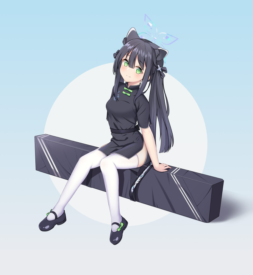 1girl absurdres animal_ear_fluff animal_ears bangs black_footwear black_hair black_legwear blue_archive blue_background blunt_bangs china_dress chinese_clothes dress full_body green_eyes highres legs linger_(1240355406) long_hair mary_janes shoes short_sleeves shun_(blue_archive) simple_background sitting smile solo thigh-highs thighs tiger_ears twintails weapon_case white_legwear
