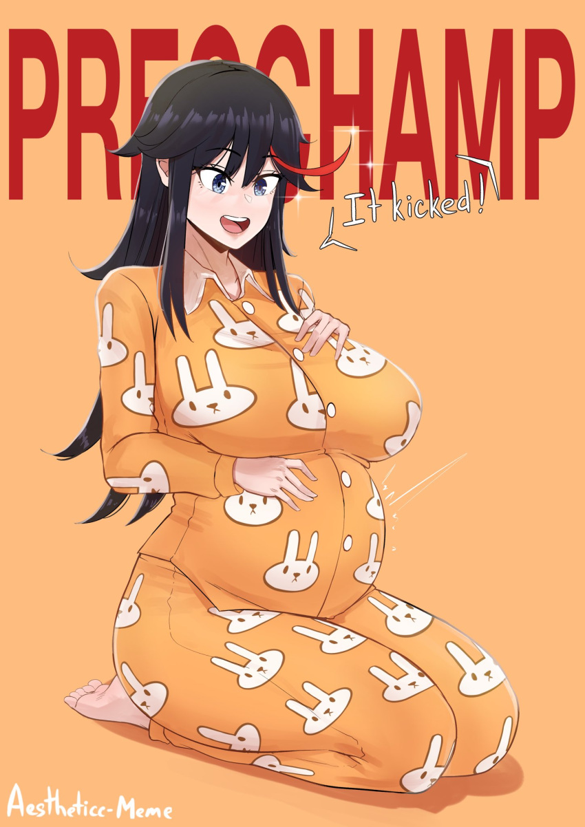 1girl aestheticc-meme alternate_breast_size alternate_hair_length alternate_hairstyle animal_print artist_name barefoot big_belly black_hair blue_hair breasts bunny_print collarbone english_commentary english_text feet hands_on_own_stomach highres huge_breasts kill_la_kill long_hair matoi_ryuuko mature_female meme multicolored_hair my_little_pogchamp_(meme) open_mouth orange_background pajamas pregnant red_hair seiza simple_background sitting smile soles solo sparkle teeth toes two-tone_hair upper_teeth