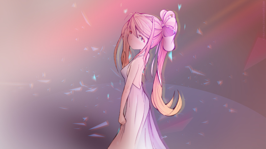 1girl bare_back blush brown_hair chromatic_aberration cyba-fyba doki_doki_literature_club dress green_eyes highres long_hair looking_at_viewer looking_back monika_(doki_doki_literature_club) ponytail ribbon sad solo sundress tied_hair white_dress white_ribbon