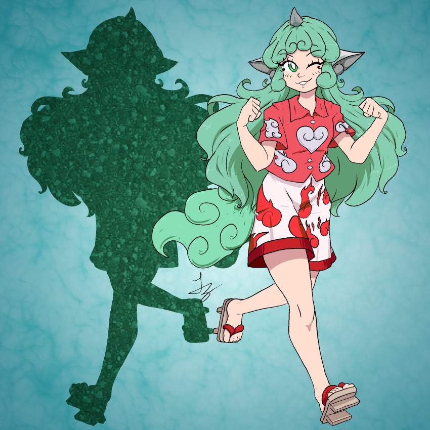 1girl aqua_background aqua_hair beetsfoxxy buttons cloud_print commentary curly_hair eyebrows_visible_through_hair full_body geta green_eyes green_hair heart highres horns kariyushi_shirt komainu komano_aunn long_hair one_eye_closed paw_pose red_shirt shirt shorts silhouette single_horn tail touhou white_shorts