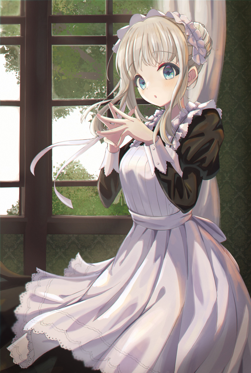 1girl :o absurdres alternate_costume apron aqua_eyes dress enmaided eyebrows_visible_through_hair fingers_together grey_hair hair_bun highres idolmaster idolmaster_shiny_colors indoors long_sleeves looking_at_viewer maid maid_headdress nobu-k own_hands_together pinafore_dress puffy_long_sleeves puffy_sleeves serizawa_asahi solo tree two-tone_dress wallpaper_(object) white_apron window wrist_cuffs