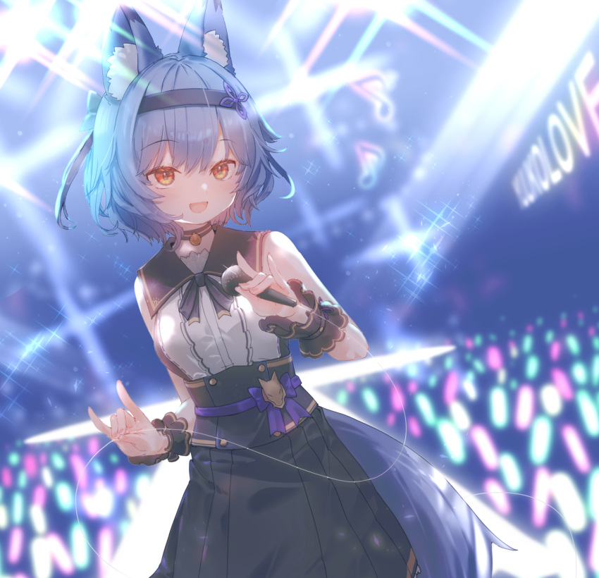 1girl :d animal_ear_fluff animal_ears bangs black_choker black_headband black_skirt blue_hair brown_eyes choker commentary_request cowboy_shot eyebrows_visible_through_hair fox_ears fox_girl fox_shadow_puppet fox_tail friendly_planet_(armadilion) glowstick headband highres holding holding_microphone hoshi_umi looking_at_viewer microphone shirt short_hair skirt sleeveless sleeveless_shirt smile solo stage stage_lights standing tail white_shirt wrist_cuffs yuuko-zoku_no_onee-chan