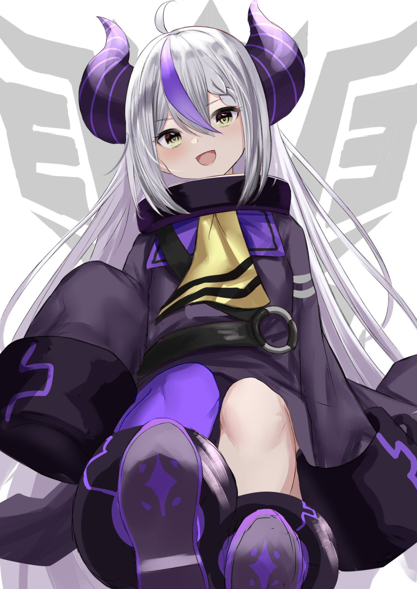 1girl :d black_dress black_footwear braid brown_eyes commentary_request demon_horns dress grey_hair head_tilt highres hololive horns la+_darknesss long_hair long_sleeves looking_at_viewer multicolored_hair natsuki_(natukituki) purple_hair purple_legwear shoe_soles shoes single_thighhigh sleeves_past_wrists smile solo streaked_hair thigh-highs very_long_hair virtual_youtuber white_background yellow_neckwear