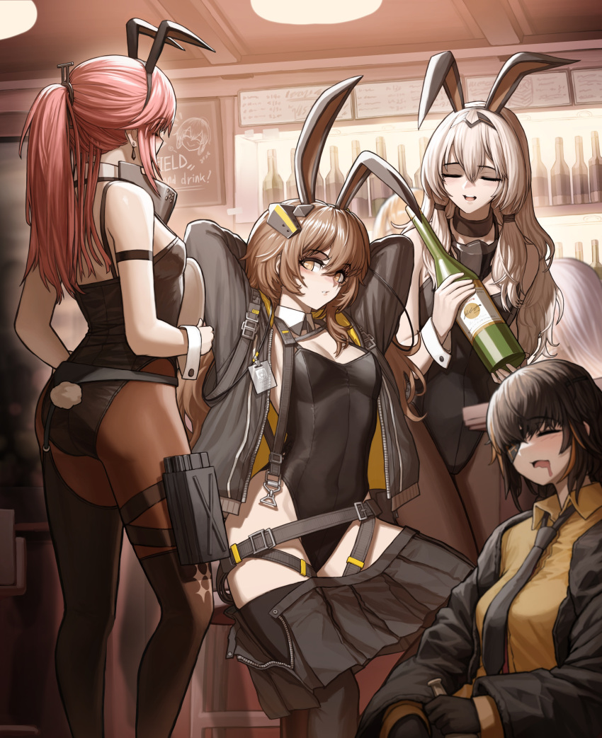 4girls absurdres adjusting_hair alternate_costume an-94_(girls'_frontline) animal_ears bangs bar black_hair black_jacket black_leotard black_necktie blush bottle breasts brown_hair champagne_bottle cheogtanbyeong closed_eyes drooling embarrassed english_commentary english_text eyebrows_visible_through_hair eyepatch fake_animal_ears feet_out_of_frame girls_frontline gloves hair_between_eyes hair_ornament hairband highres holding holding_bottle id_card indoors jacket jacket_removed leotard long_hair long_sleeves looking_at_viewer m16a1_(girls'_frontline) mask mask_around_neck mod3_(girls'_frontline) mouth_mask multicolored_hair multiple_girls necktie open_mouth orange_hair orange_shirt parted_lips pink_hair playboy_bunny rabbit_ears scar scar_across_eye scar_on_face shirt sidelocks silver_hair skirt skirt_removed sleeping smile st_ar-15_(girls'_frontline) streaked_hair table ump45_(girls'_frontline) wine_bottle yellow_eyes
