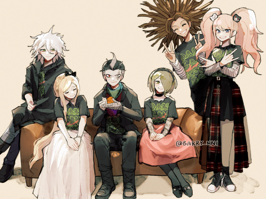 3boys 3girls absurdres alternate_costume animal arm_tattoo bangs barry_nah bear_hair_ornament beard black_bow black_choker black_footwear black_hair black_legwear blonde_hair blue_eyes boots bow brown_background brown_hair character_request choker closed_eyes closed_mouth couch danganronpa:_trigger_happy_havoc danganronpa_(series) danganronpa_2:_goodbye_despair danganronpa_v3:_killing_harmony double_v enoshima_junko facial_hair goatee green_hair grey_hair grin hagakure_yasuhiro hair_bow hair_ornament hamster heterochromia highres holding holding_animal jacket komaeda_nagito layered_sleeves long_hair long_sleeves messy_hair multicolored_hair multiple_boys multiple_girls open_clothes open_jacket pantyhose pink_skirt red_eyes scar scar_across_eye short_over_long_sleeves short_sleeves simple_background sitting skirt smile sonia_nevermind striped_sleeves tanaka_gandamu tattoo teeth toujou_kirumi twintails twitter_username two-tone_hair v white_skirt