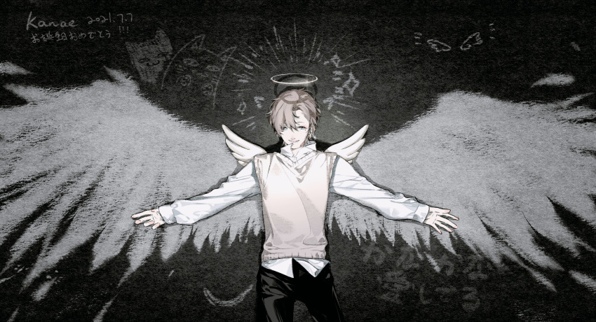 1boy absurdres angel_wings black_pants brown_hair chalkboard collared_shirt cowboy_shot daxi drawn_halo drawn_wings dress_shirt feathers glint grey_hair hair_between_eyes halo highres kanae_(nijisanji) long_sleeves looking_at_viewer male_focus mole mole_under_eye nijisanji outstretched_arms pants popped_collar shirt short_hair sleeves_past_wrists smile solo spread_arms spread_wings sweater_vest untucked_shirt virtual_youtuber white_shirt white_wings wing_collar wings