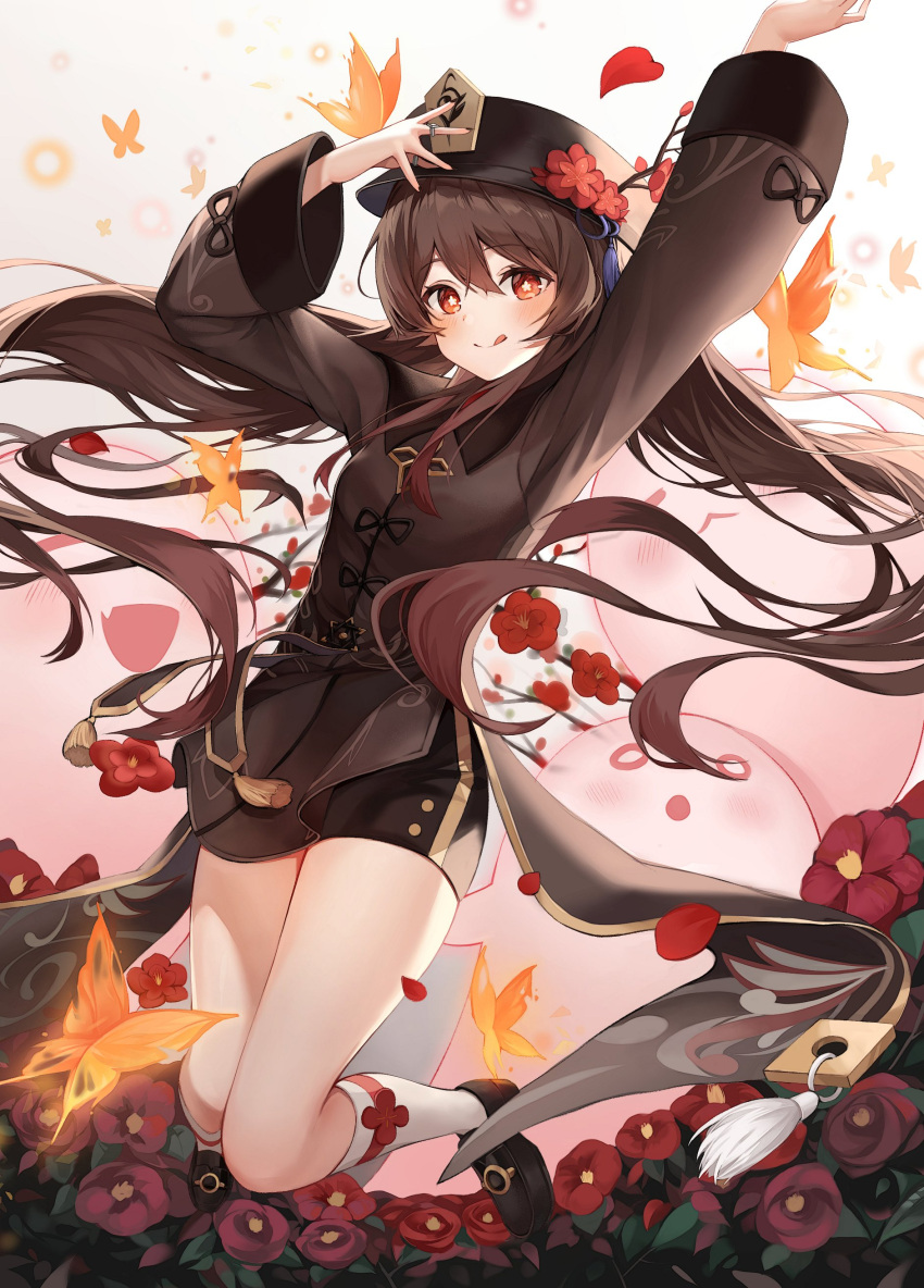 1girl :q absurdres bangs black_headwear black_nails black_shorts blush breasts brooch brown_hair bug butterfly coat coattails collared_coat colored_tips flower flower-shaped_pupils genshin_impact ghost hair_between_eyes hat hat_flower hat_ornament hatonaru525 highres hu_tao_(genshin_impact) jewelry jumping licking_lips long_hair long_sleeves looking_at_viewer nail_polish plum_blossoms porkpie_hat red_eyes red_flower ring shoes shorts small_breasts smile socks solo symbol-shaped_pupils talisman tassel tongue tongue_out twintails very_long_hair vision_(genshin_impact) white_legwear