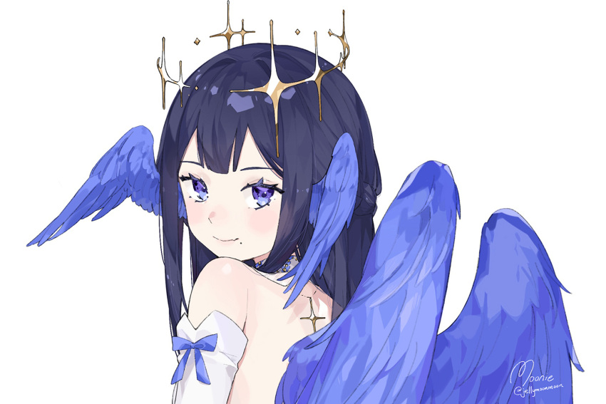 1girl bangs black_hair blue_eyes blush detached_collar detached_sleeves english_commentary fang fang_out from_behind halo head_wings jewelry looking_at_viewer looking_back mole mole_under_mouth moonie necklace original skin_fang smile solo white_background wings