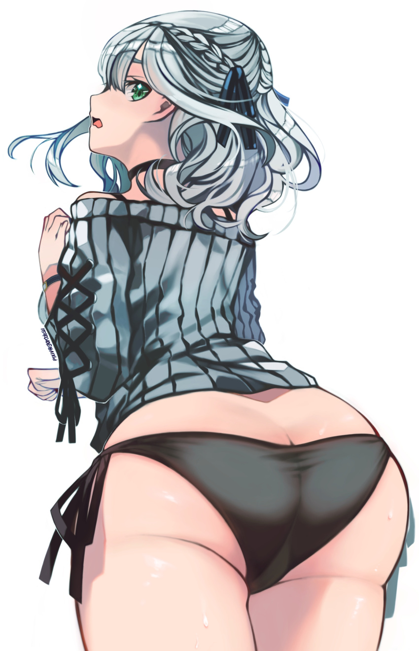 1girl absurdres ass ass_focus bikini bikini_bottom black_bikini black_choker blue_ribbon braid butt_crack choker commentary cowboy_shot english_commentary eyelashes french_braid from_behind goro_desu green_eyes grey_sweater hair_between_eyes hair_ribbon highres hololive leaning_forward looking_at_viewer looking_back medium_hair off-shoulder_sweater off_shoulder official_alternate_costume open_mouth ribbed_sweater ribbon shirogane_noel side-tie_bikini signature silver_hair simple_background solo sweat sweater swimsuit thighs virtual_youtuber watch watch white_background