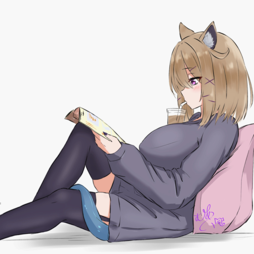 1girl animal_ear_fluff animal_ears arknights black_legwear black_nails blush book breasts brown_hair cup disposable_cup dress drinking feet_out_of_frame fingernails from_side garter_straps grey_dress grey_sweater hair_ornament highres holding holding_book knee_up large_breasts long_fingernails long_sleeves maiq06 nail_polish open_book pillow profile reading short_hair signature simple_background sitting solo sweater sweater_dress tail thigh-highs utage_(arknights) violet_eyes white_background x_hair_ornament zettai_ryouiki