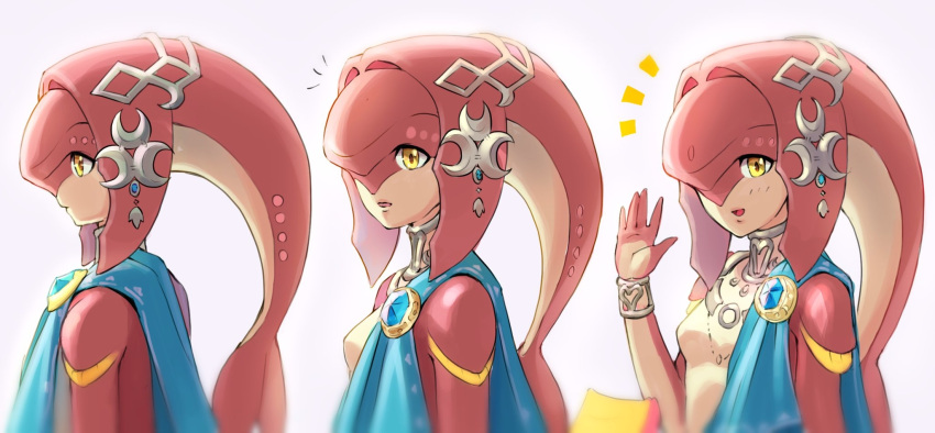 1girl bangs blush breasts colored_skin fins fish_girl from_side grey_background gxp hair_ornament highres jewelry long_hair looking_at_viewer looking_back mipha monster_girl multicolored_skin multiple_views no_eyebrows open_mouth pointy_ears profile red_skin redhead small_breasts smile the_legend_of_zelda the_legend_of_zelda:_breath_of_the_wild yellow_eyes zora