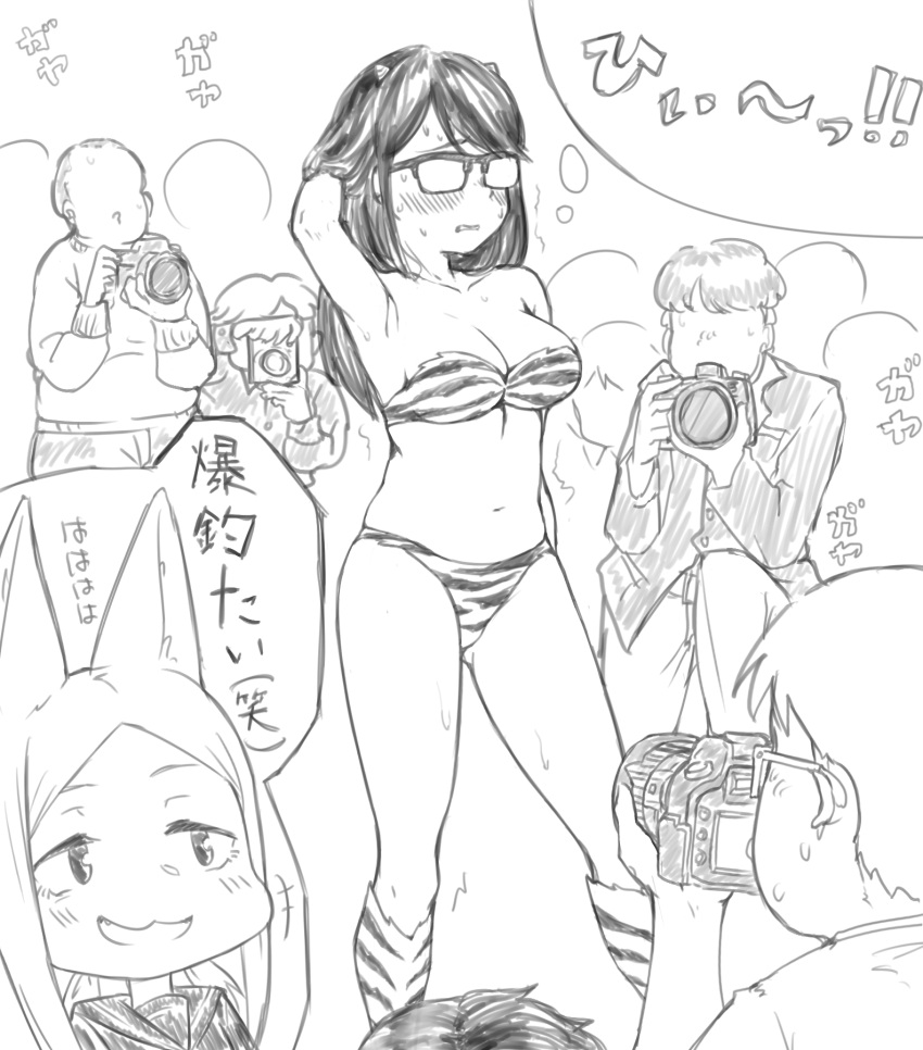 6+boys :3 animal_ears belly blush breasts camera cosplay curvy embarrassed faceless faceless_male fox_ears glasses greyscale highres horns houkago_teibou_nisshi kemonomimi_mode kuroiwa_yuuki large_breasts long_hair lum lum_(cosplay) monochrome multiple_boys nairage navel oni_costume oni_horns oono_makoto opaque_glasses skindentation sweat taking_picture urusei_yatsura