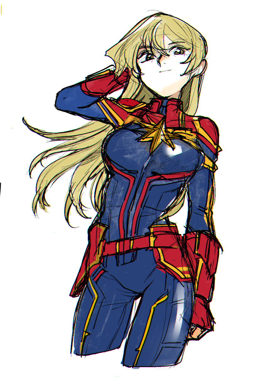 1girl 203wolves blonde_hair blue_bodysuit bodysuit breasts brown_eyes captain_marvel closed_mouth cosplay gloves highres long_hair marvel red_gloves simple_background smile solo superhero tenjouin_asuka white_background yu-gi-oh! yu-gi-oh!_gx