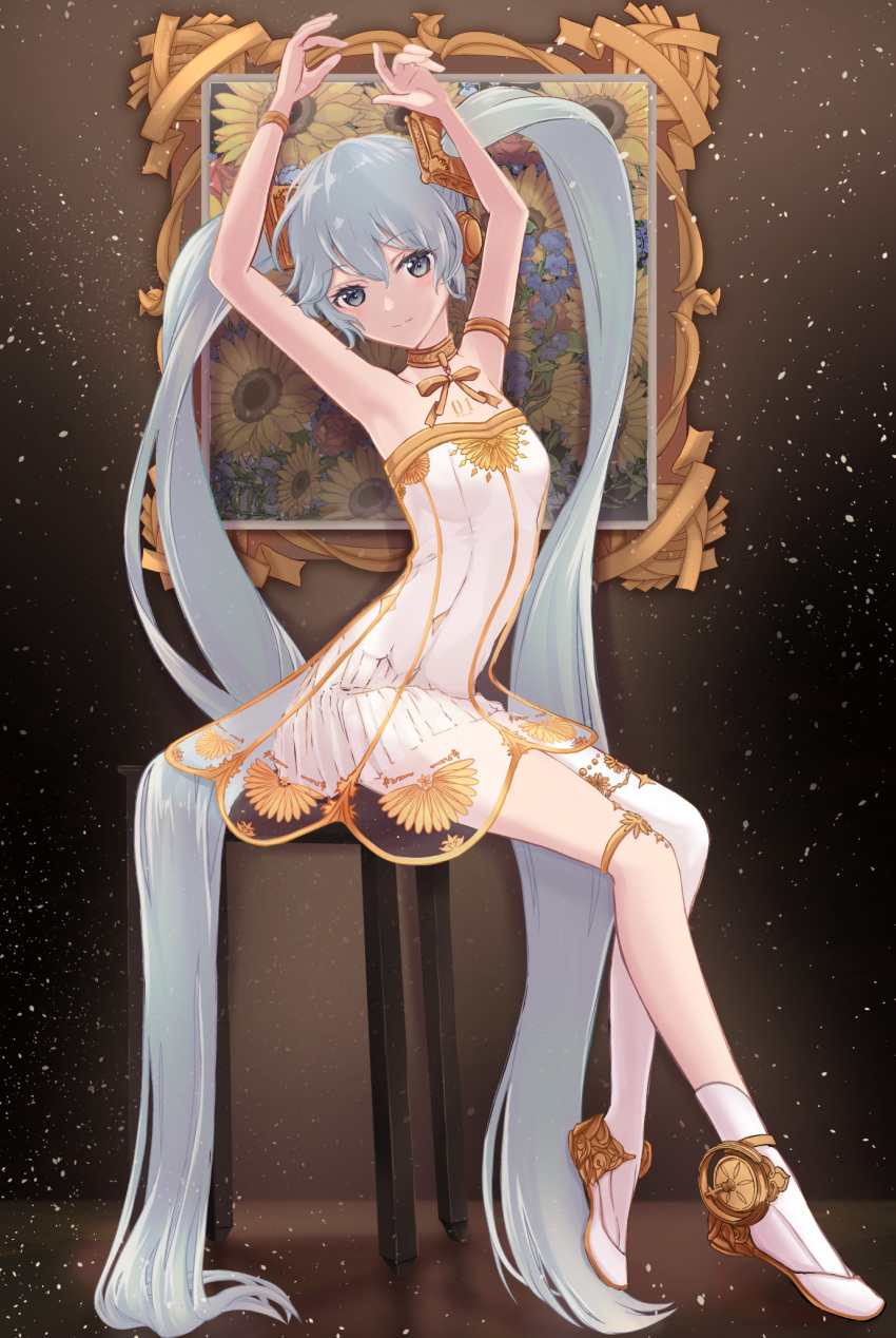 1girl absurdly_long_hair aqua_eyes aqua_hair arm_cuffs arms_up bare_shoulders choker commentary_request dark_background dress full_body hatsune_miku highres long_hair miku_symphony_(vocaloid) on_chair ribbon sitting sleeveless smile solo tattoo twintails very_long_hair vocaloid white_dress yuzuaji