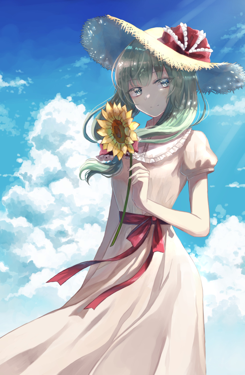 1girl alternate_costume blue_sky brown_headwear closed_mouth clouds cloudy_sky day dress eyebrows_visible_through_hair flower frilled_ribbon frilled_shirt_collar frills from_below front_ponytail green_eyes green_hair hair_ribbon hat hat_ribbon highres holding holding_flower kagiyama_hina looking_at_viewer looking_down medium_hair miyakure puffy_short_sleeves puffy_sleeves red_ribbon ribbon short_sleeves sky smile solo straw_hat sunflower touhou white_dress yellow_flower