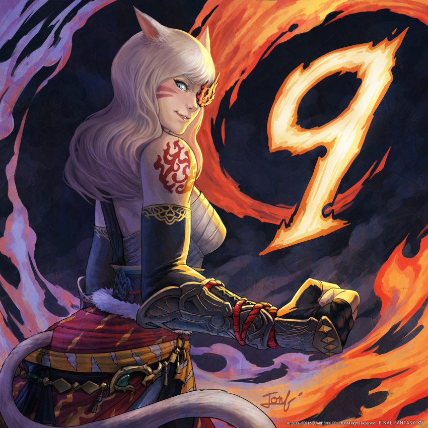 1girl animal_ears aqua_eyes artist_name avatar_(ffxiv) back bandages bangs bare_shoulders blonde_hair bracer cat_ears cat_girl cat_tail chest_sarashi clenched_hand copyright detached_sleeves eyepatch facial_mark final_fantasy final_fantasy_xiv fingerless_gloves fire from_side fur_trim gloves highres lips long_hair looking_at_viewer looking_back miqo'te monk_(final_fantasy) official_art one_eye_covered parted_lips sarashi sarong shoulder_tattoo slit_pupils smile solo tail tail_through_clothes tattoo upper_body whisker_markings