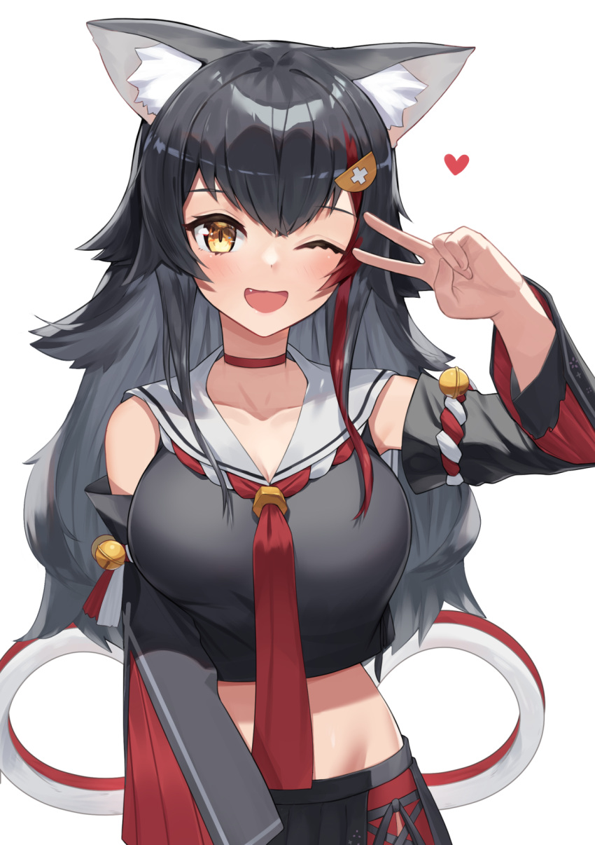 1girl ;d animal_ear_fluff animal_ears bangs bell black_hair black_shirt black_skirt breasts brown_eyes choker commentary crop_top detached_sleeves fang hair_ornament heart highres hololive jingle_bell large_breasts long_hair long_sleeves midriff multicolored_hair neckerchief one_eye_closed ookami_mio red_choker red_neckerchief redhead sailor_collar shirt simple_background skirt sleeveless sleeveless_shirt smile solo streaked_hair v virtual_youtuber white_background white_sailor_collar wolf_ears woogi_(duguddnr)
