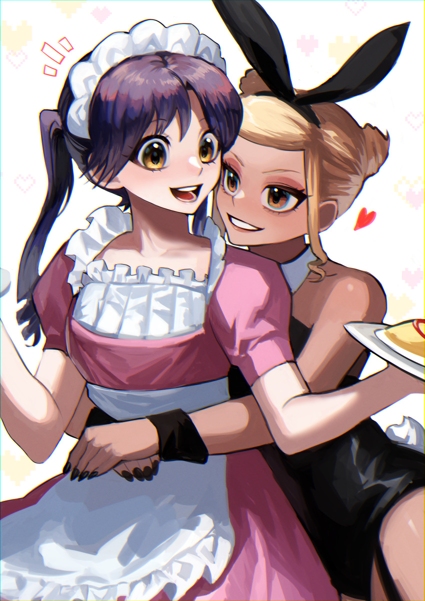 2girls absurdres animal_ears apron bangs bare_shoulders black_hair black_nails brown_eyes collarbone dark-skinned_female dark_skin detached_collar dress fake_animal_ears fake_tail frills grin heart highres holding holding_tray hug hug_from_behind long_hair looking_at_another maid maid_headdress multiple_girls nail_polish nongxy_nonshi notice_lines omelet original pink_dress puffy_short_sleeves puffy_sleeves rabbit_ears rabbit_tail short_sleeves smile tail teeth tray twintails wrist_cuffs yuri