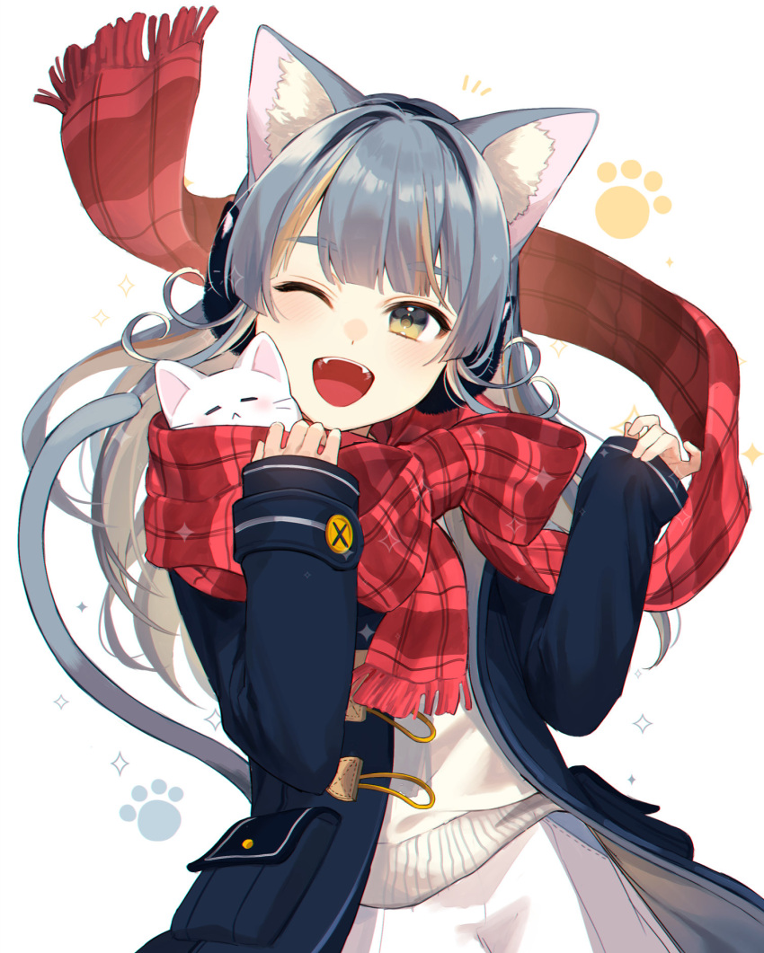 1girl ;d animal animal_ear_fluff animal_ears bangs blue_coat blunt_bangs blush bow brown_hair cat cat_ears cat_girl cat_tail coat commentary_request cowboy_shot duffel_coat eyebrows_visible_through_hair fangs headphones highres implied_extra_ears jill_07km long_sleeves looking_at_viewer multicolored_hair one_eye_closed open_clothes open_coat original paw_print paw_print_background red_bow red_scarf scarf silver_hair skirt sleeves_past_wrists smile solo sweater tail teeth two-tone_hair upper_teeth white_background white_skirt white_sweater yellow_eyes