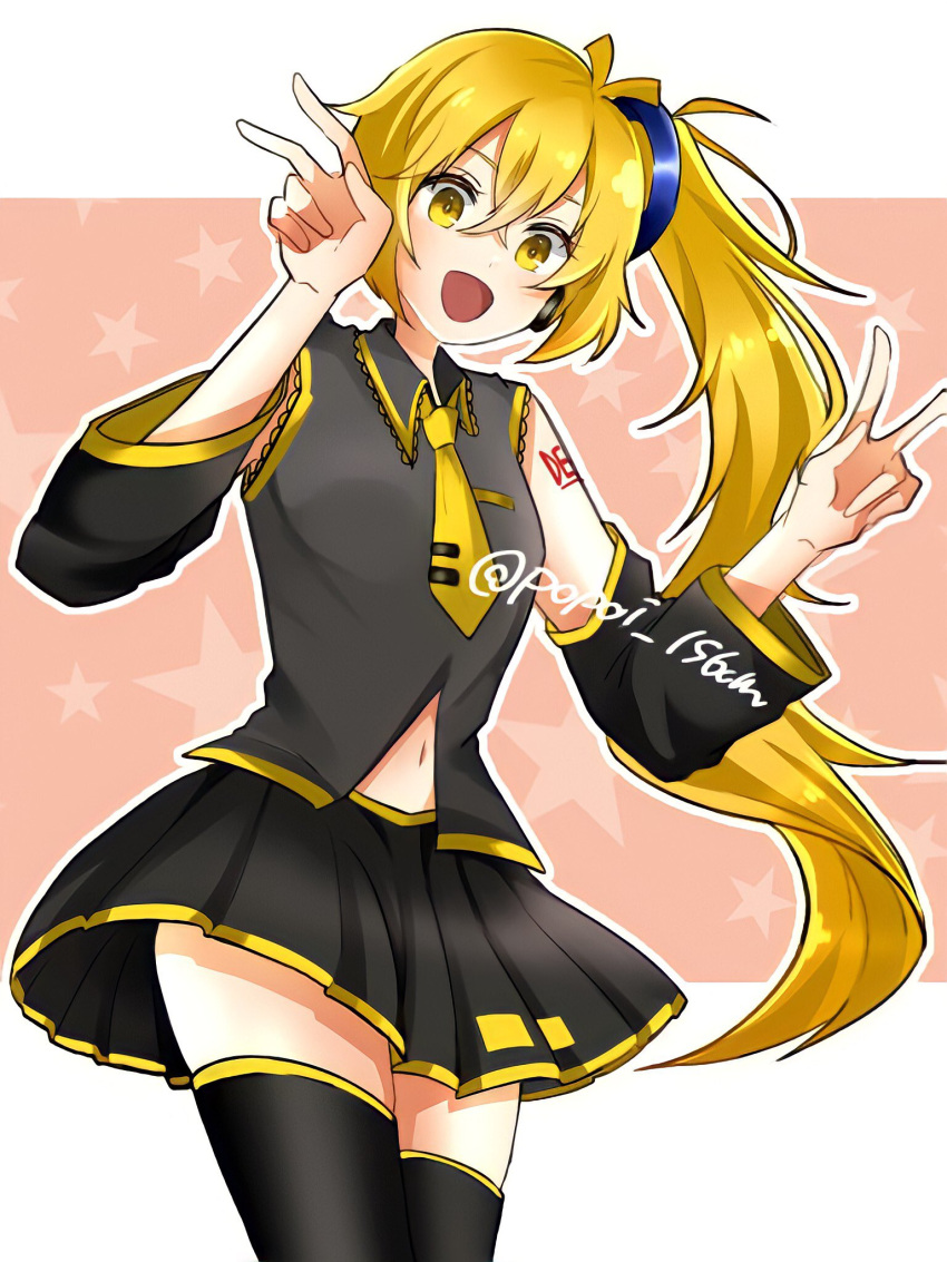 1girl akita_neru black_skirt blonde_hair commentary_request detached_sleeves double_v highres long_hair necktie open_mouth popoi_156cm side_ponytail skirt smile solo v very_long_hair vocaloid voyakiloid yellow_eyes yellow_neckwear