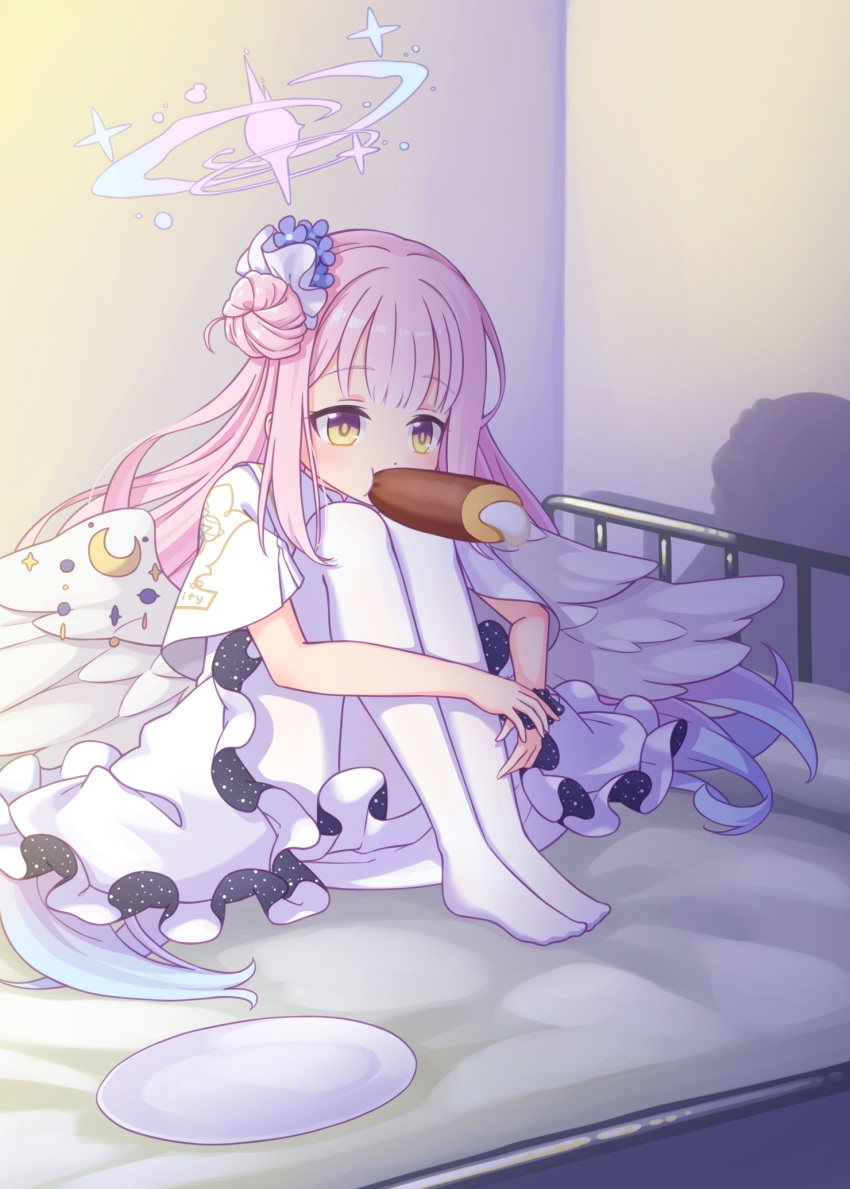 1girl bangs blue_archive blue_flower blue_hair cake eyebrows_visible_through_hair feathered_wings flower food food_in_mouth full_body hair_bun hair_flower hair_ornament halo harada_(sansei_rain) highres hugging_own_legs indoors knees_up long_hair looking_away low_wings mika_(blue_archive) mouth_hold multicolored_hair on_bed pantyhose pink_hair plate side_bun sitting solo swiss_roll two-tone_hair very_long_hair white_legwear white_wings wings yellow_eyes