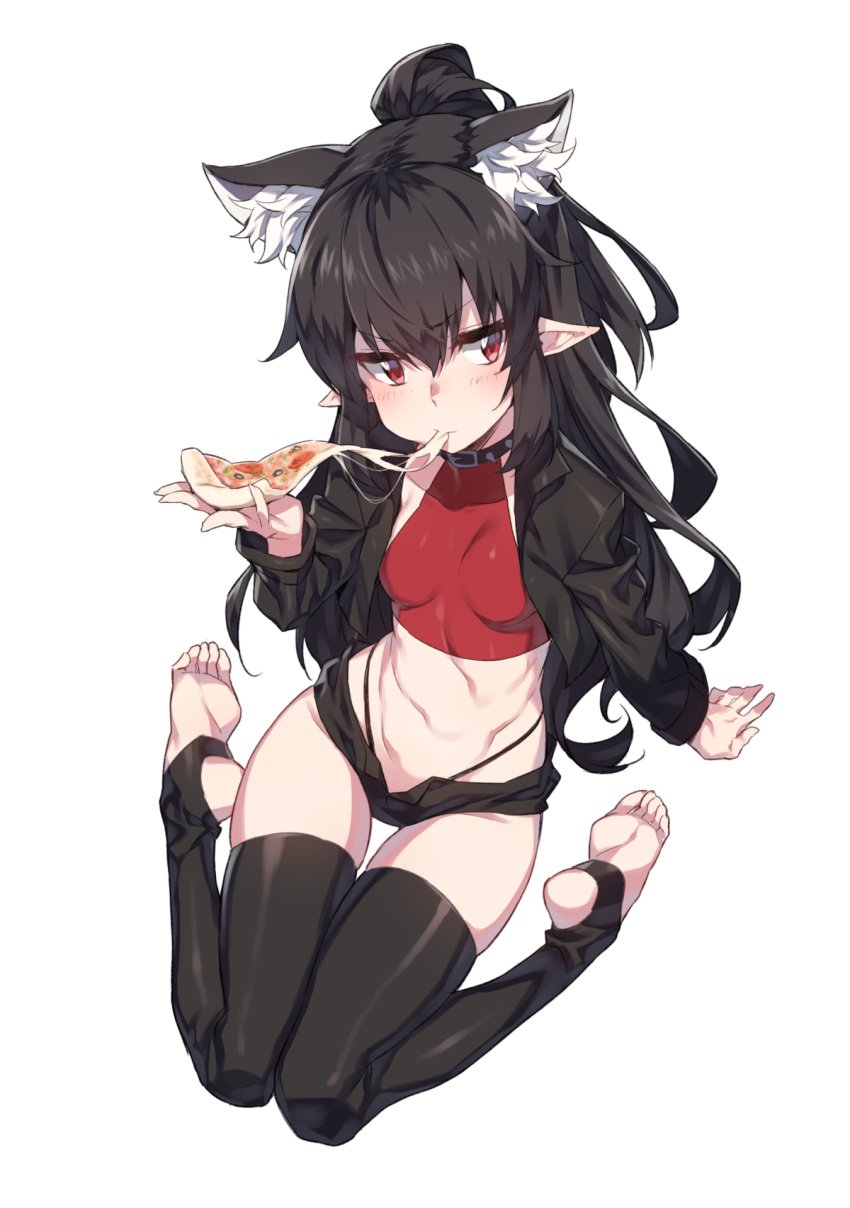 1girl animal_ear_fluff animal_ears black_choker black_hair black_jacket black_legwear black_shorts breasts choker commission crop_top cropped_jacket eating extra_ears frown highleg highleg_panties highres jacket long_hair long_sleeves looking_at_viewer micro_shorts midriff navel open_clothes open_fly open_jacket original panties pizza_slice pointy_ears ponytail red_eyes red_shirt revealing_clothes second-party_source shirt shorts sidelocks sitting skindentation sleeveless sleeveless_shirt small_breasts solo stirrup_legwear stomach string_panties supernew thigh-highs thigh_gap thighs toeless_legwear underwear v-shaped_eyebrows very_long_hair wariza wolf_ears