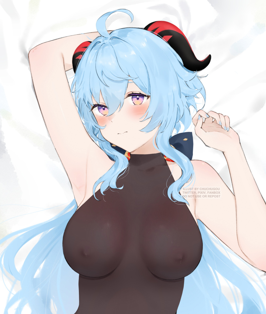 ahoge arm_up armpits artist_name bangs bed_sheet blue_hair blush bow bowtie breasts chuchugou covered_nipples ganyu_(genshin_impact) genshin_impact highres horns long_hair looking_at_viewer lying medium_breasts multicolored_eyes on_back sidelocks solo