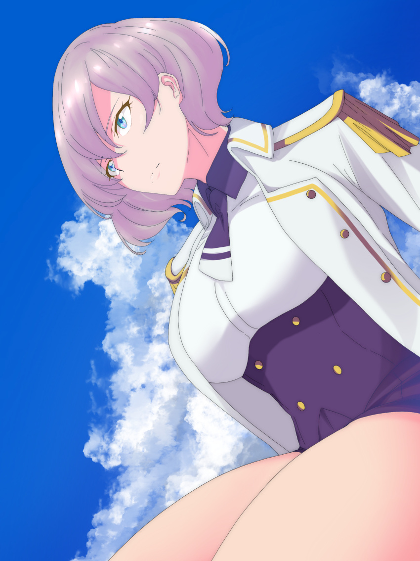 1girl absurdres blue_eyes blue_sky clouds day dutch_angle gridman_universe highres hitaki_(heavy_shige) mujina outdoors purple_hair short_hair sitting sky solo ssss.dynazenon thighs uniform