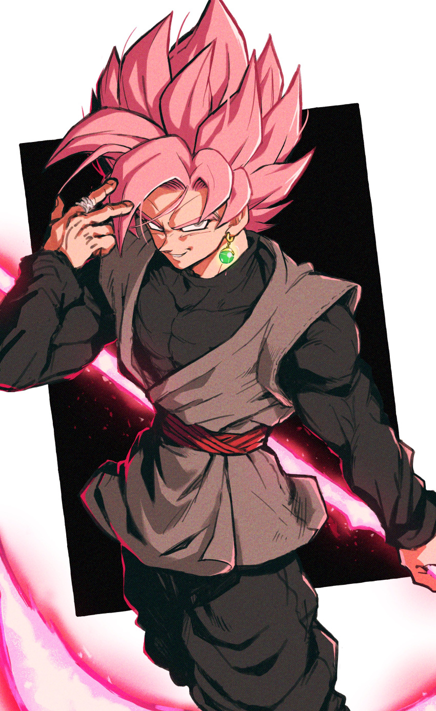 1boy absurdres dougi dragon_ball dragon_ball_super earrings evil_smile goku_black grey_eyes hand_up highres jewelry long_sleeves male_focus pink_hair potara_earrings red_sash relio_db318 ring sash scythe smile solo spiky_hair super_saiyan super_saiyan_rose